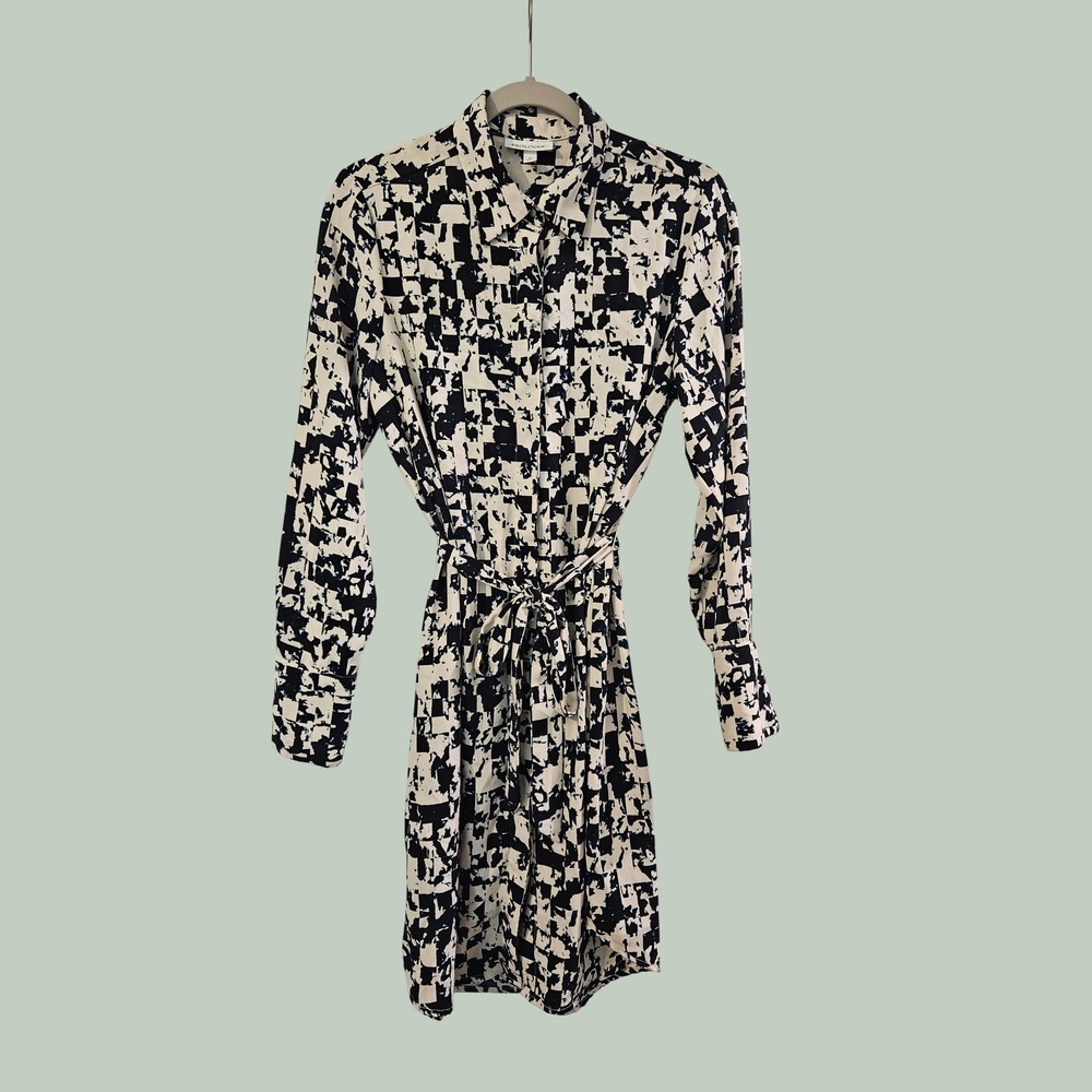 Prologue Womens Black White Abstract Geometric Long Sleeve Belted Shirt Dress M